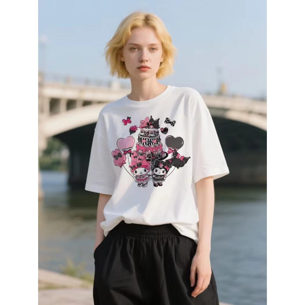 Kuromi and My Melody Tshirt Cartoon Pink Shortsleeve Top Womens Loose Casual Soft Cotton Tshirt Comfortable