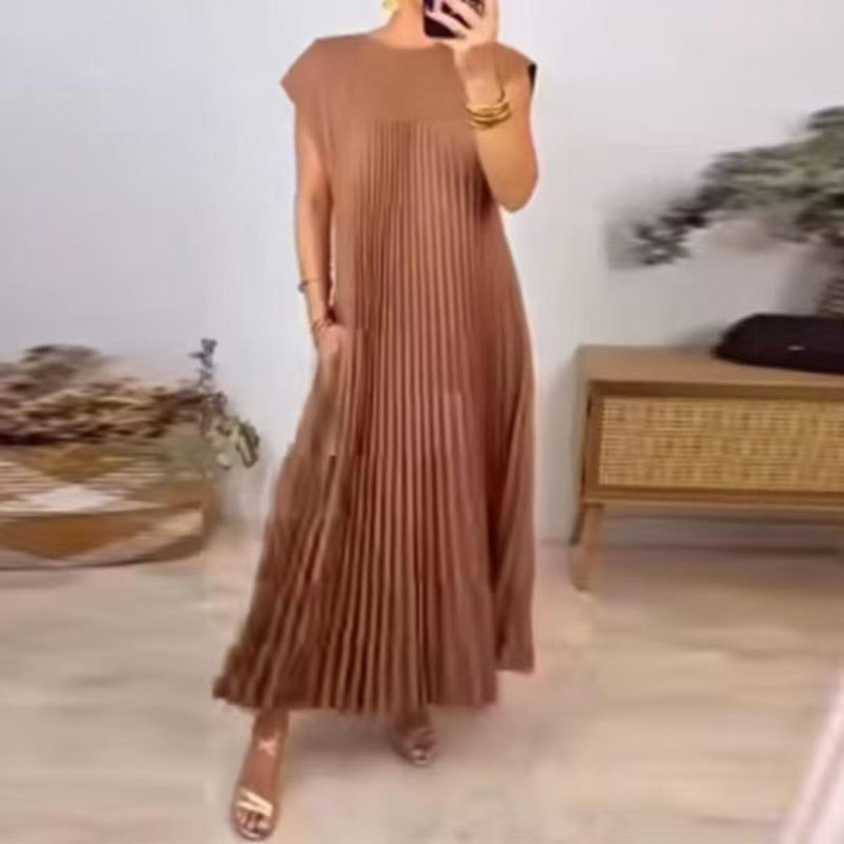 

New Vacation Style Fashion Round Neck Sleeveless Pleated Long Dress for Women 3XL коричневий