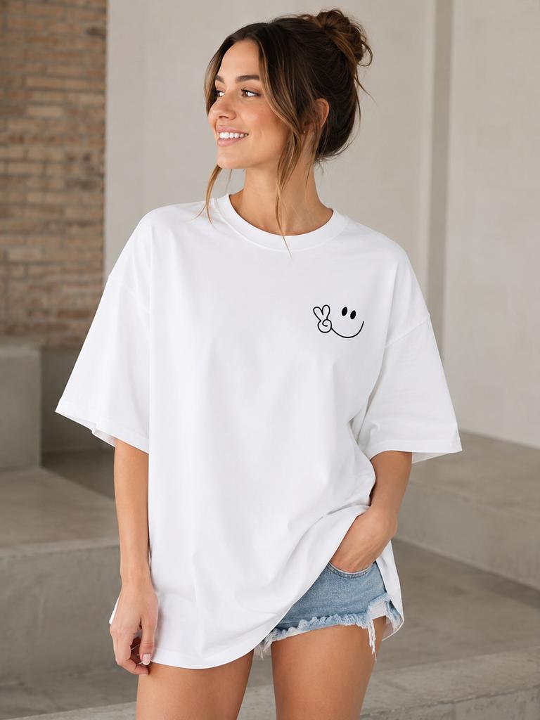 Unisexs Y2k Geometricstyle Cheerful Smiley Face Print Tshirt Roundneck Shortsleeve Soft And Comfortable Casual Cotton Top
