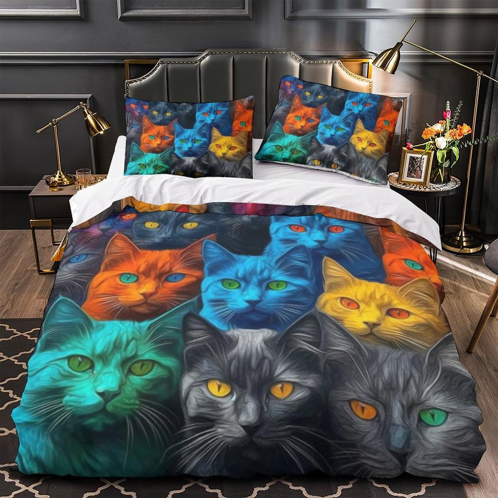 3D Digital Printing Color Cat Series Quilt Cover Pillowcase Two Or Three-Piece Set Polyester Abraded
