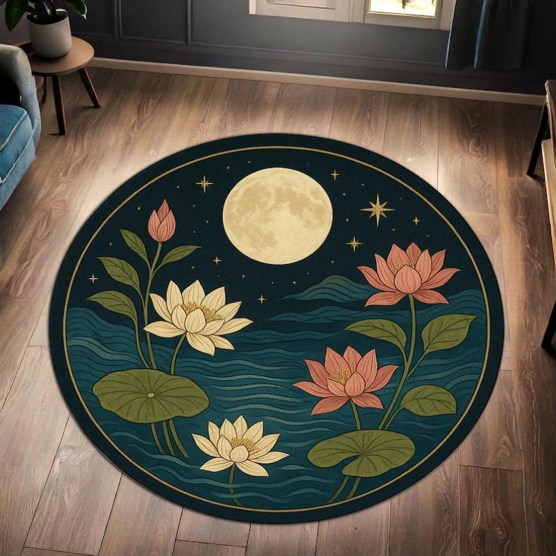 Lotus Flower and Moon Round Rug – Celestial Botanical Carpet with Stars and Nature Inspired Design for Boho Living Room