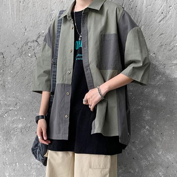 Sommer Vintage Gespleißtes Halbarmhemd Herren Koreanischer Stil Locker Harajuku Patchworkhemden