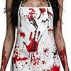 Comfortable Zombie Cosplay Costume Halloween Blood Print for Women, Scary Apron, Hooded Elastic Polyester Horror Themed Apparel Cloak, Stockings
