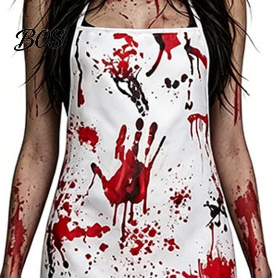 Comfortable Zombie Cosplay Costume Halloween Blood Print for Women, Scary Apron, Hooded Elastic Polyester Horror Themed Apparel Cloak, Stockings