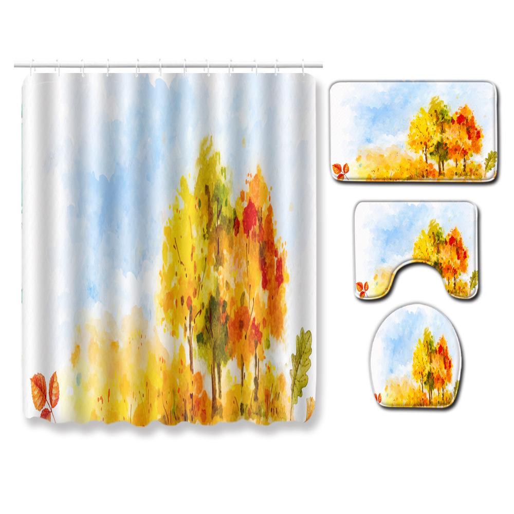 Watercolor Textured Bathroom Shower Curtain Floor Mat Toilet Cover Foot Mat Four-Piece Set