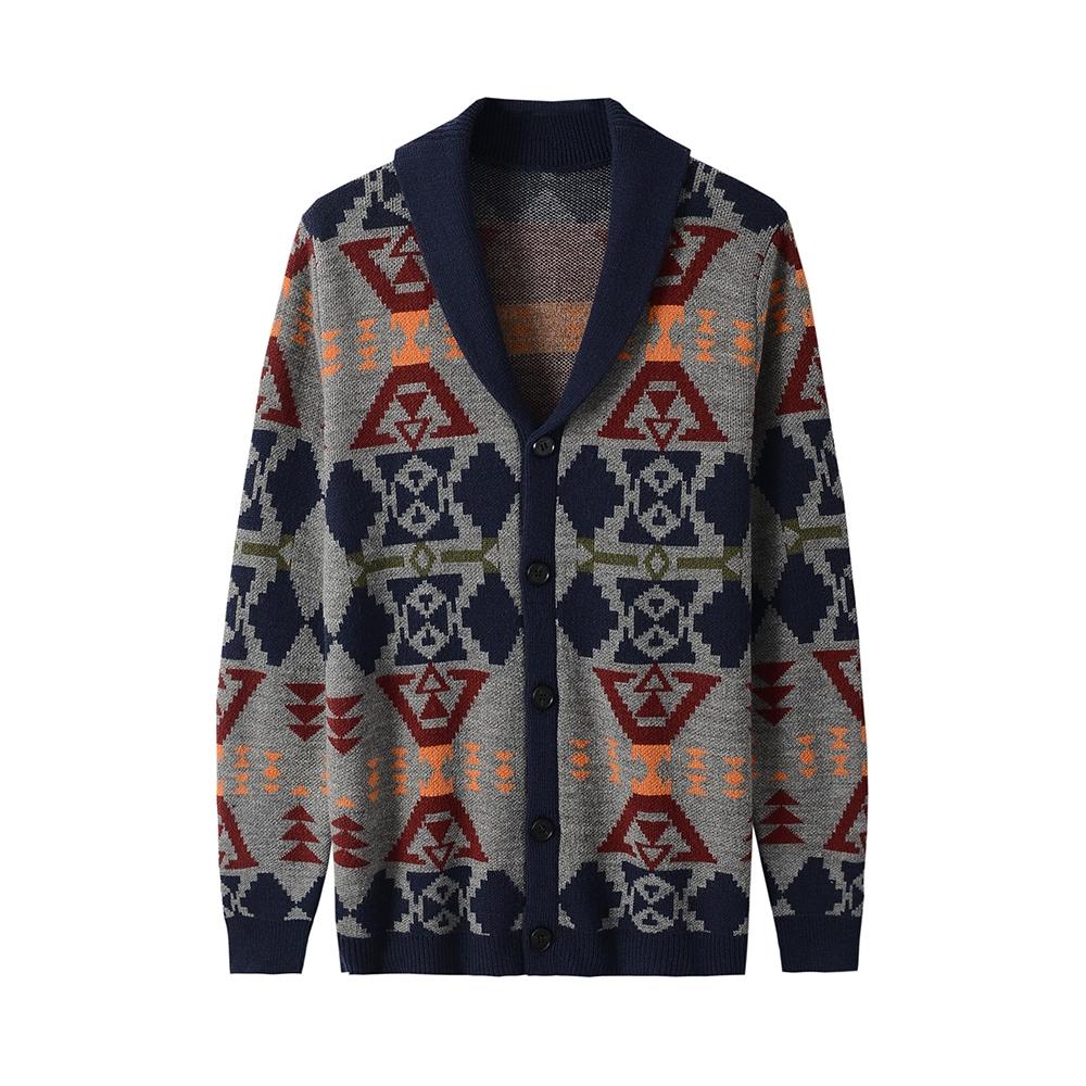 

Мужской свитер с V-образным вырезом и шалью. Темно-синий свитер-кардиган на разноцветных пуговицах. 3XL темно-синий