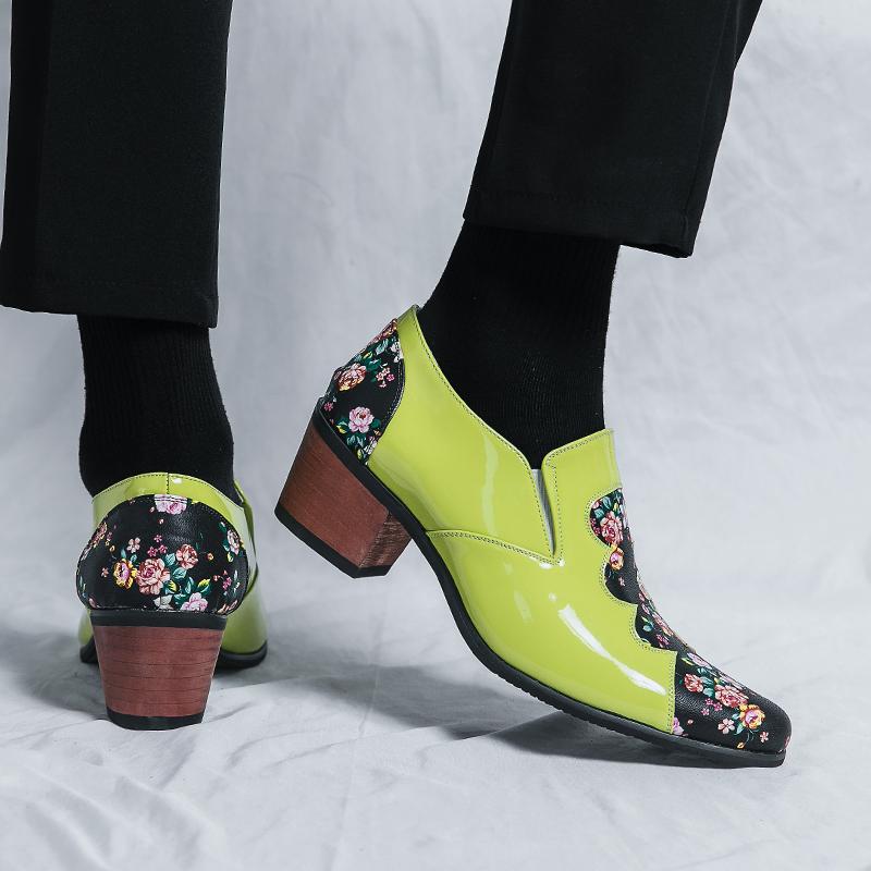 Men's White Flower Printed Dance Shoes Leather High Heels Wedding Dress Shoes Tuxedo Prom Blazers Red Dress Shoes Plus Size