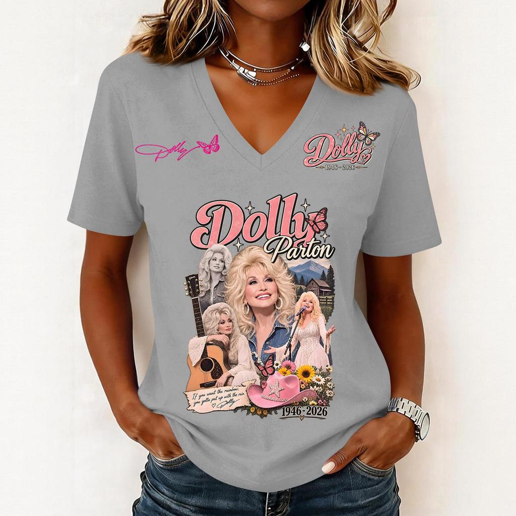 Women's Casual Letter Print V-Neck Short Sleeve Pullover Top