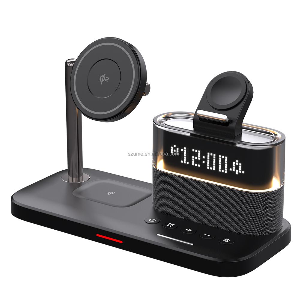 New Desk Stand Magnetic Wireless Charger Fast Wireless Charging 15W Output Type-C Port LED Colorful Lights Digital Display Clock
