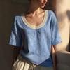 Women Vintage Short Sleeve Linen Cotton Blouse U Neck Lace Trim Casual Loose Fit Summer Top