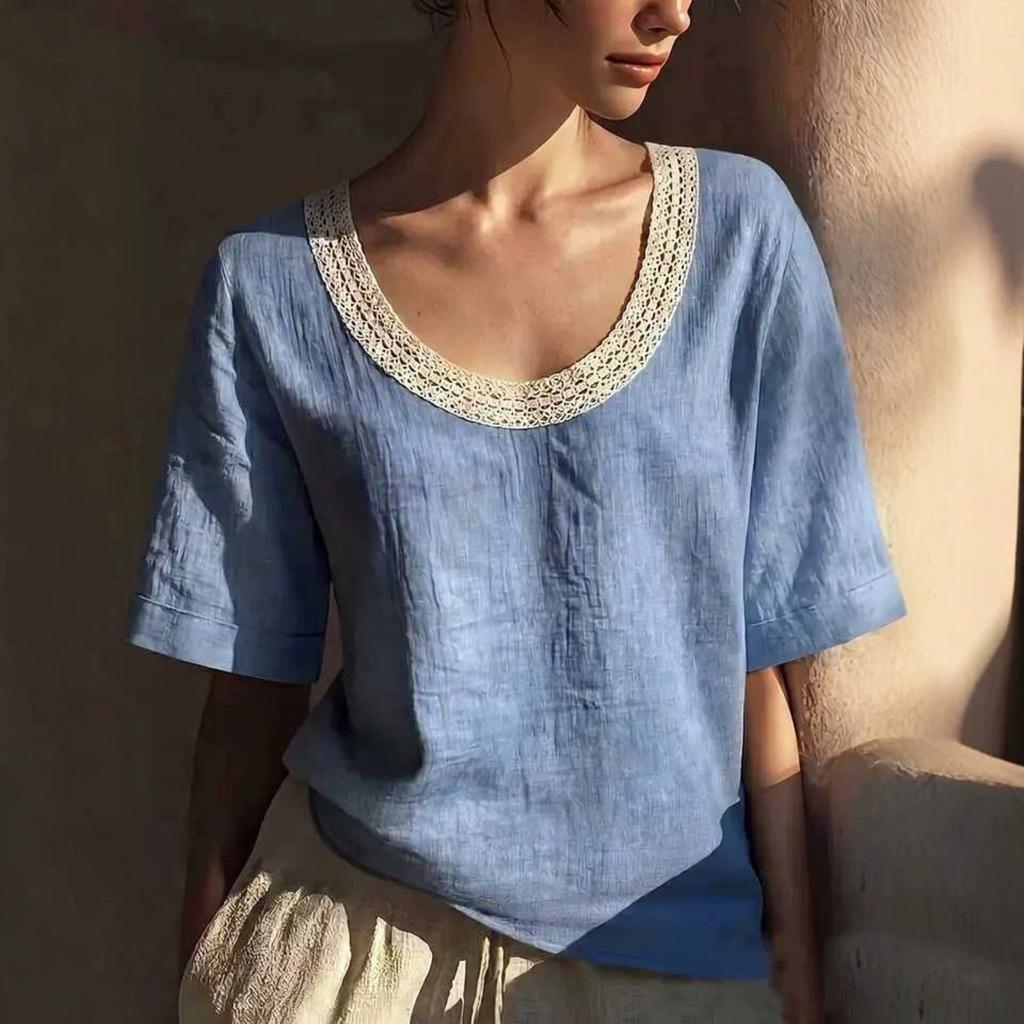 Women Vintage Short Sleeve Linen Cotton Blouse U Neck Lace Trim Casual Loose Fit Summer Top