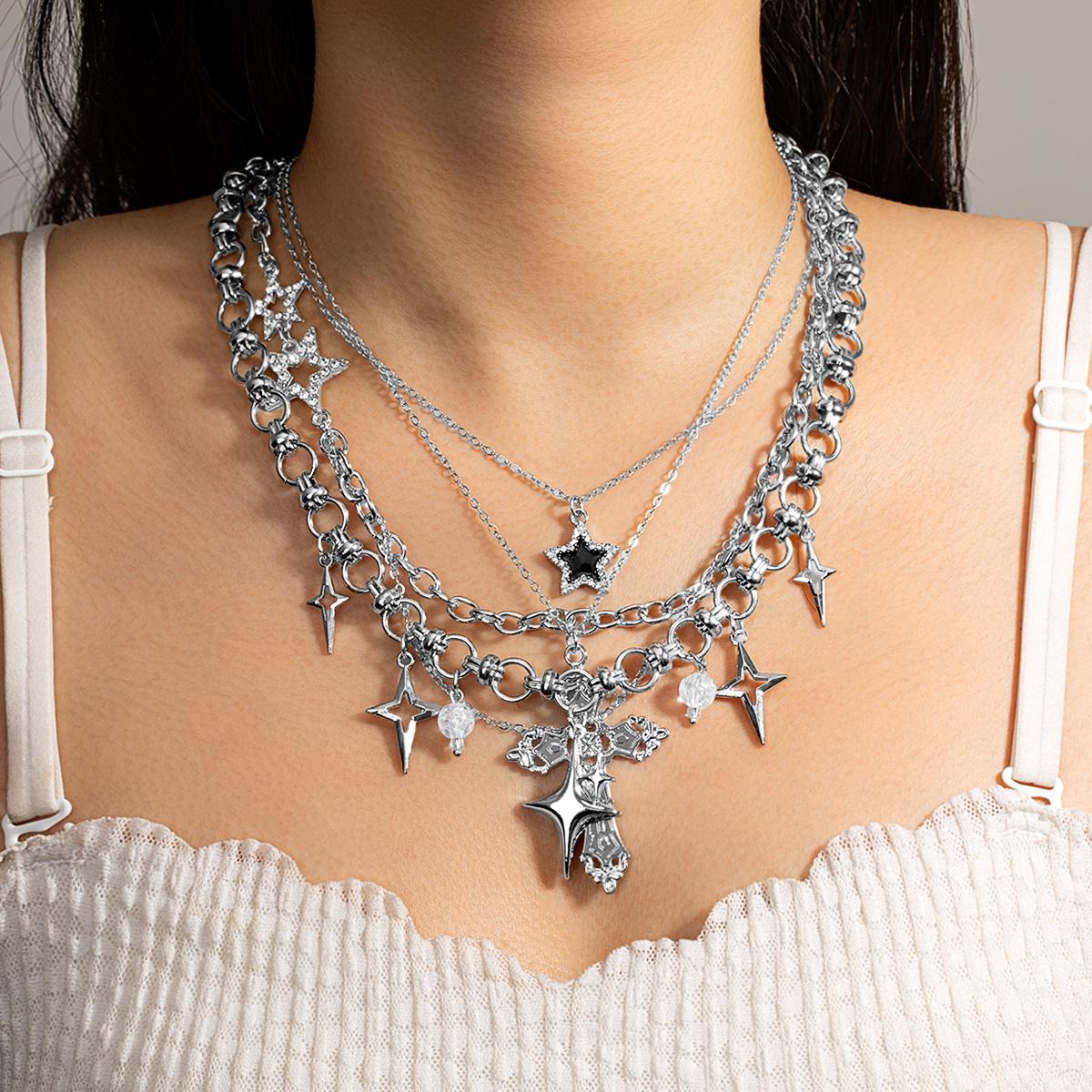 4-piece Bohemian style hollowed out star tassel cross pendant chain design multiple piece set women s necklace