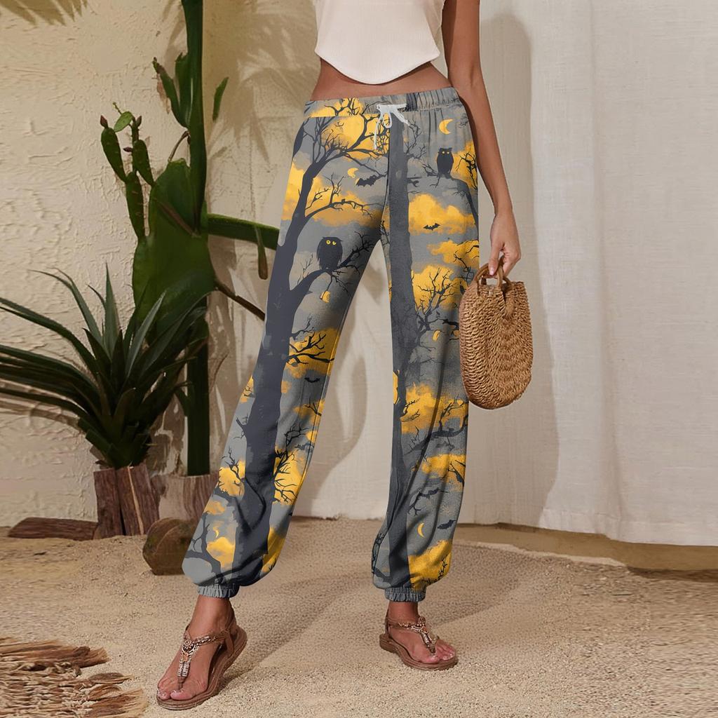 Women's Halloween Print Joggers with Drawstring Elastic Waistband and Cuffed Hem for Casual Everyday