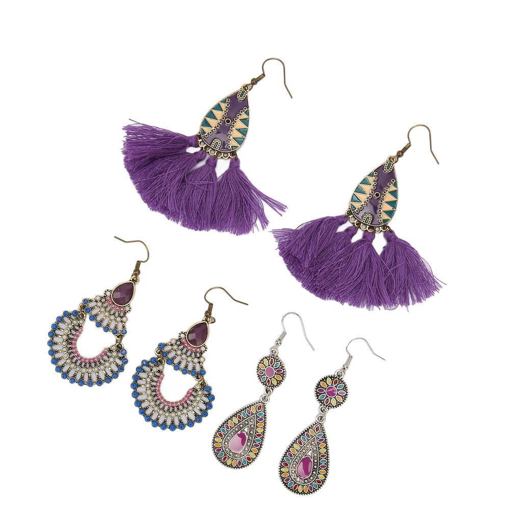3 Pairs Ethnic Tassel Earrings Set Comfortable Lightweight Safety Vintage Ethnic Earrings for Women