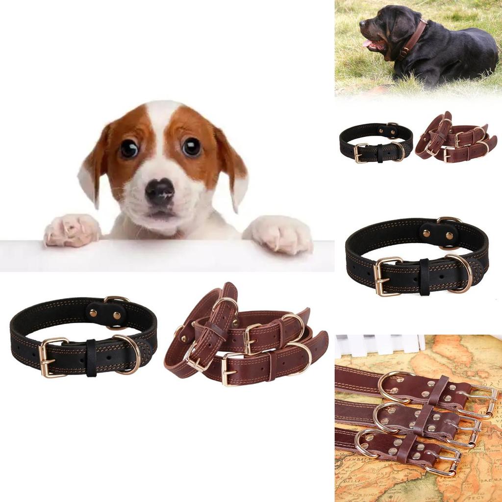 Classic Leather Dog Collar With Vintage Brass Buckle For Medium To Large Dogs
