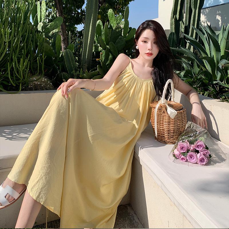 French Yellow Suspender Dress Loose Lazy Year Summer New Halter Sexy Light Yellow Dress