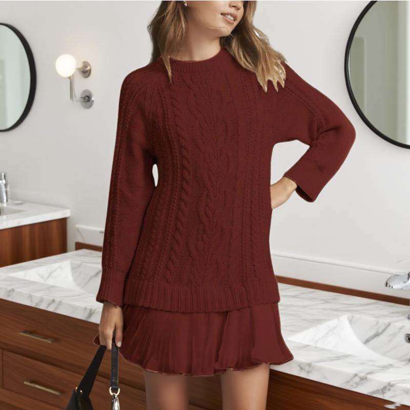 Winter Long Sleeve Twist Knitted Sweater Dress Woman O Neck Ruffle Chiffon Pleated Dresses Fall Solid Warm A-Line Pullover Dress
