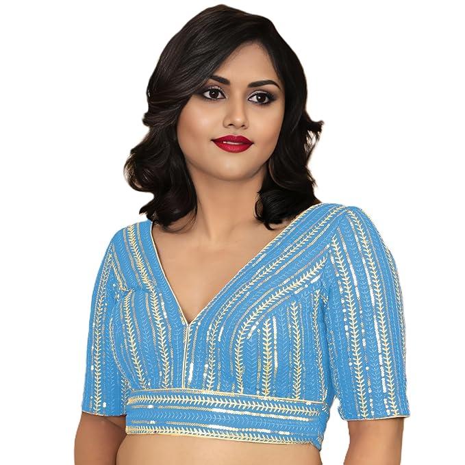 Wyszukana designerska bluzka dla kobiet do sari, lehengi i na festiwale ze złotym cekinowym haftem, dekolt w serek, żorżetowa bluzka, stylowa, gotowa do noszenia