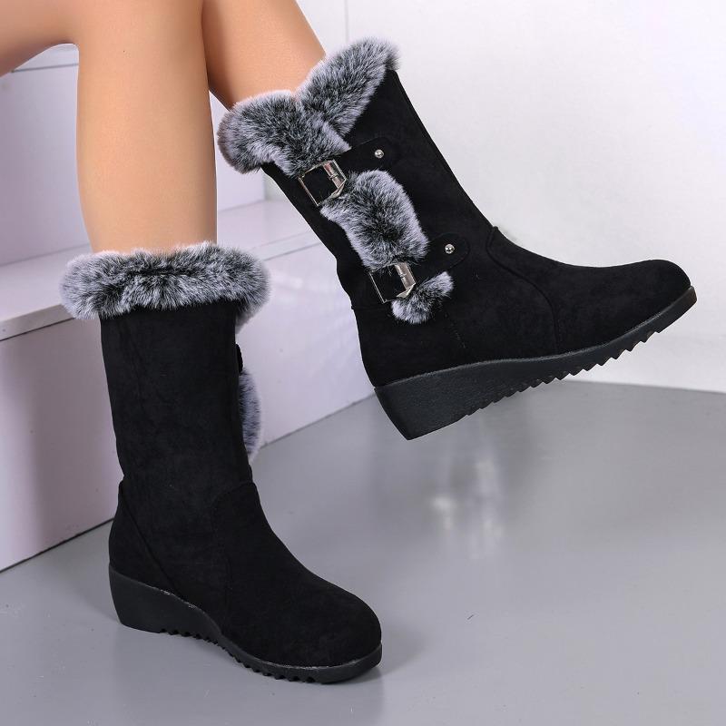 Shoes for Women   Slip-on Mid-Calf Women's Boots Fashion Belt Buckle Plus Velvet Winter Plus Size Snow Boots