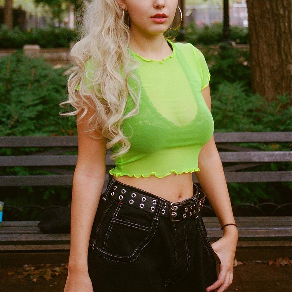 Buy Casual Neon Green Mesh Top Female T 