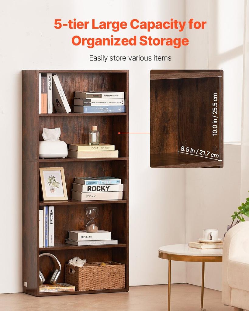 5 Tiers Narrow Bookshelf 53" Wooden Open Bookcase Adjustable Shelf Brown