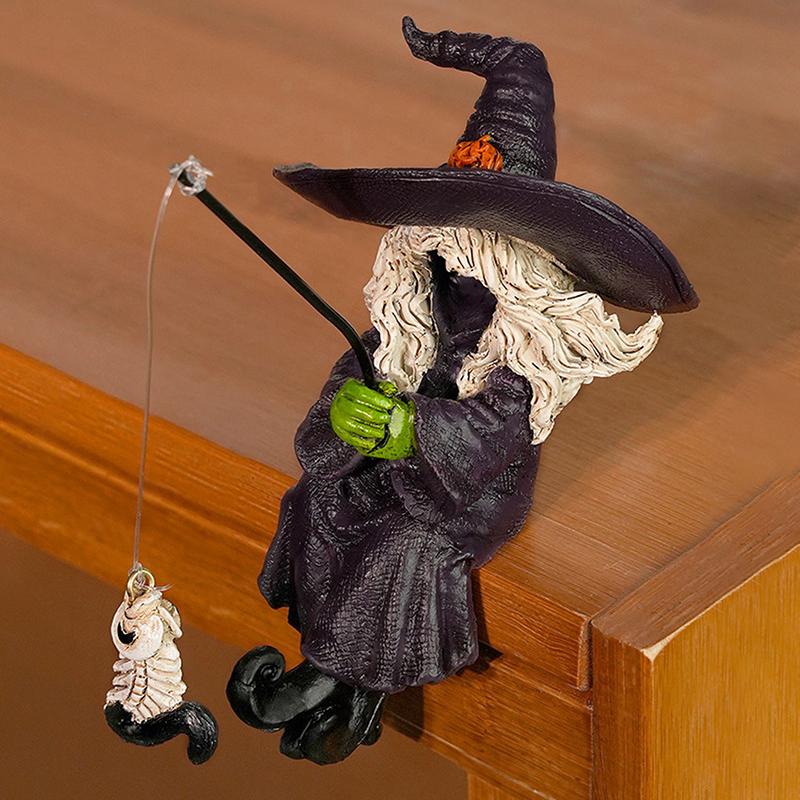 Halloween Witch Fishing Skeleton Fish Statue Outdoor Garden Pond Fisherman Statue Witch Statue Halloween Decorations