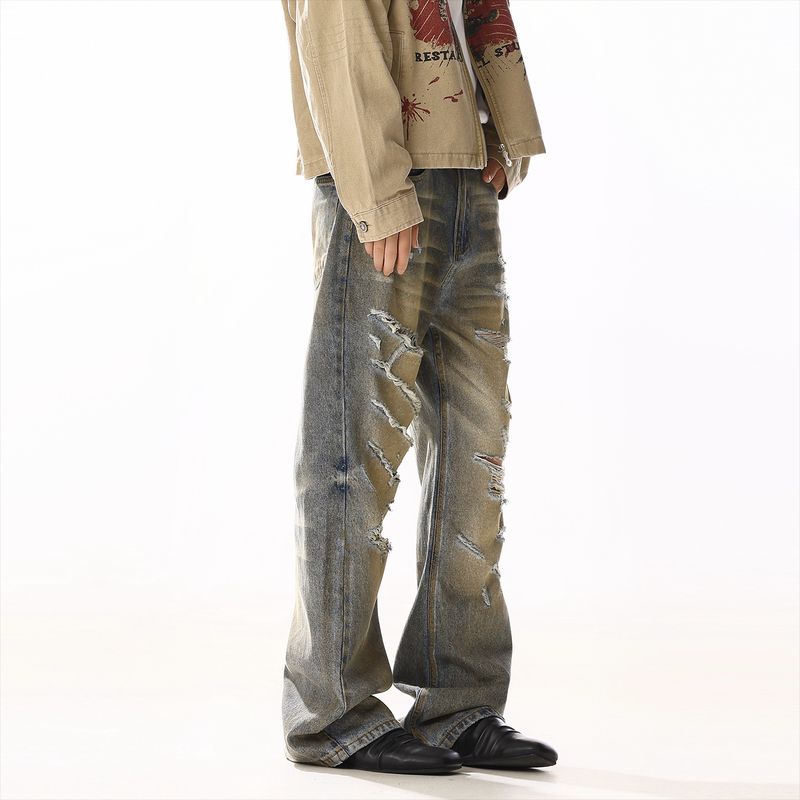 

American vintage High Street Dirty Dyeing Ripped Jeans Men s and Women s Design Feeling Slightly Relaxed Casual Wide-Leg Straight Pants Distress XXL