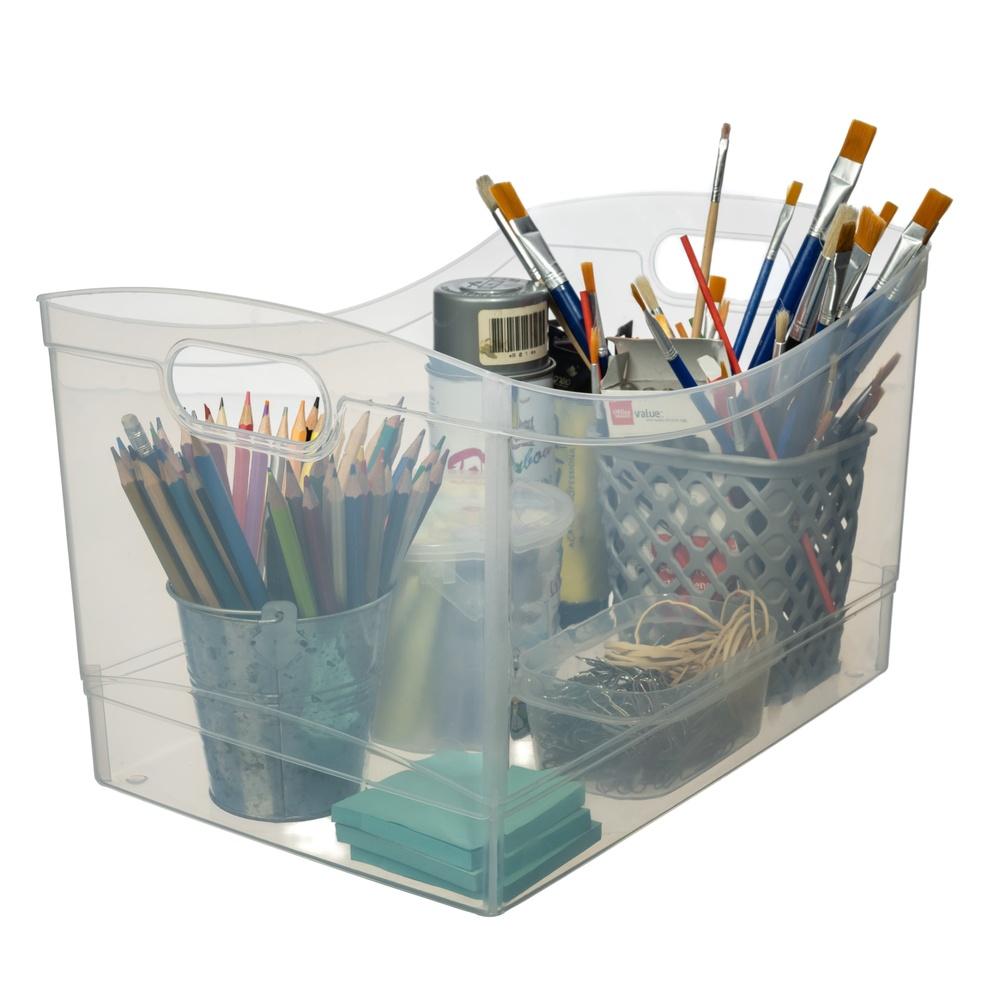 Clear Plastic Utility Storage Organizer Bin Set of 3 with Handles Open Top Design Office Supplies Household Items Kitchen Closet