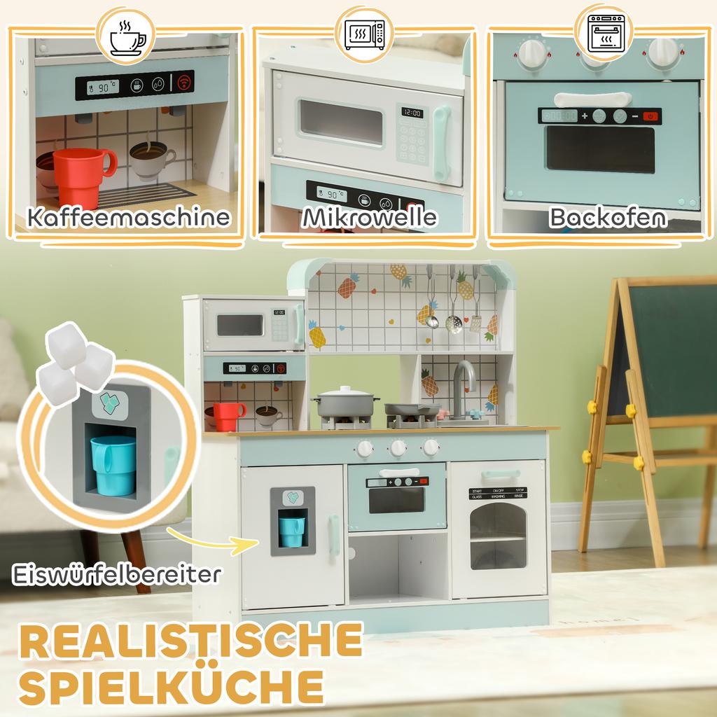 Toy Kitchen, Pretend Role Play Kitchen with Hob, Sound, Light, Coffee Machine, Ice Maker, Microwave