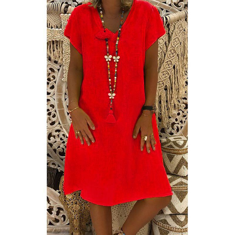 

Модное повседневное летнее платье с коротким рукавом и V-образным вырезом, женское элегантное платье А-силуэта больших размеров, базовое однотонное платье для вечеринки, женская свободная женская одежда S