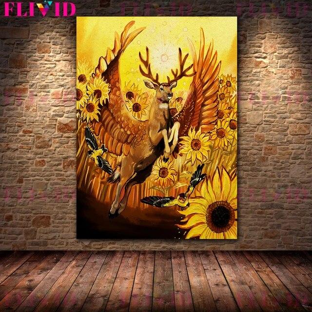Flying Fox,Raven Winged Cat,Gold Mule-Deer Vintage Wall Art Canvas Painting Mysterious Magical Creature Art Poster Print Decor No Frame