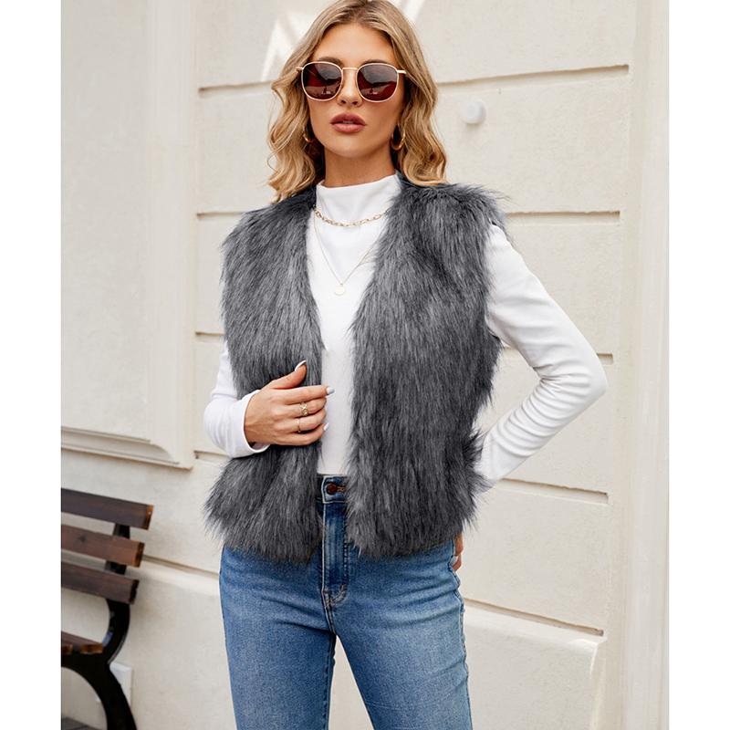 

Осінньо-зимове товсте коротке пальто-жилет зі штучного хутра, жіноче хакі, плюшевий теплий жилет, жіночий безрукавний пухнастий жилет-куртка 2XL сірий
