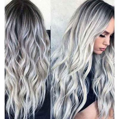 Long Wavy Ombre Black Gray Mixed Blonde Wigs Natural Middle Part Heat Resistant Hair Synthetic Wig for Women