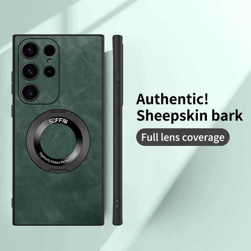 For Samsung Galaxy S23 S22 S21 Ultra Magsafe Case Wireless Charging Ring Holder Plain Leather Matte Magnetic Shockproof Cover