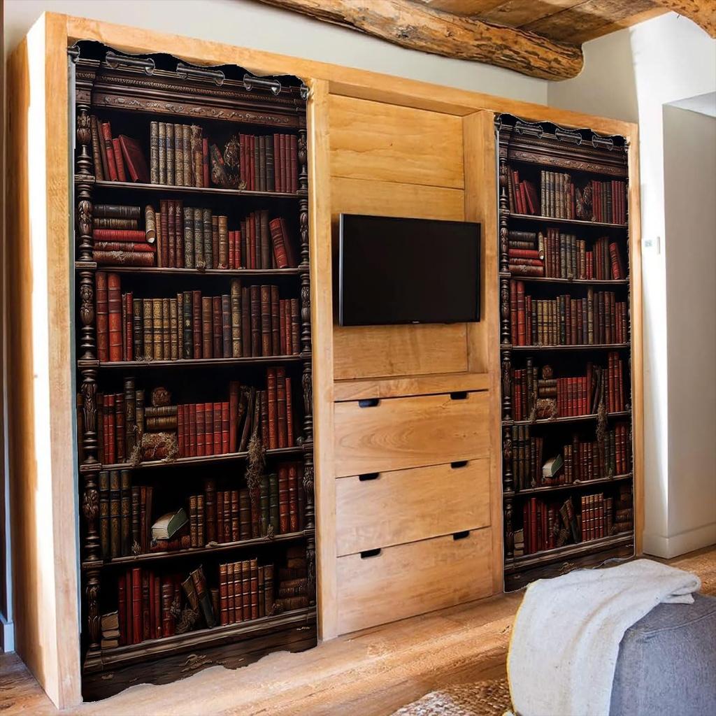Library Bookshelf Door Curtain for Doorway Privacy, Vintage Educational Bookcase Room Divider Curtain for Kids Boys Girls Teens Bedroom Living Room,