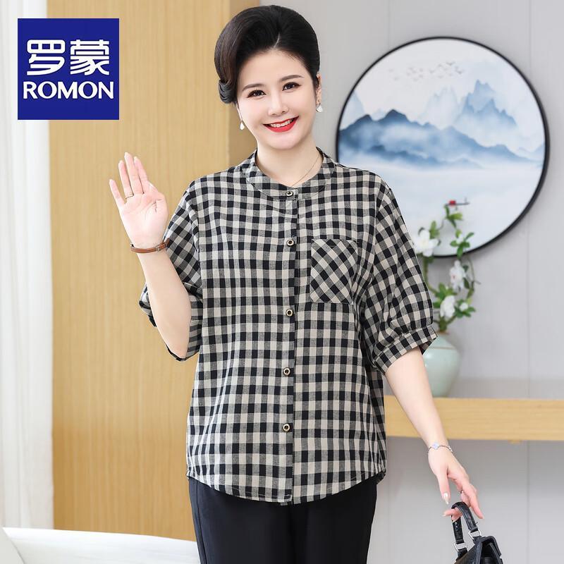 

ROMON Vintage Plaid Cotton Linen Loose Blouse 7XL