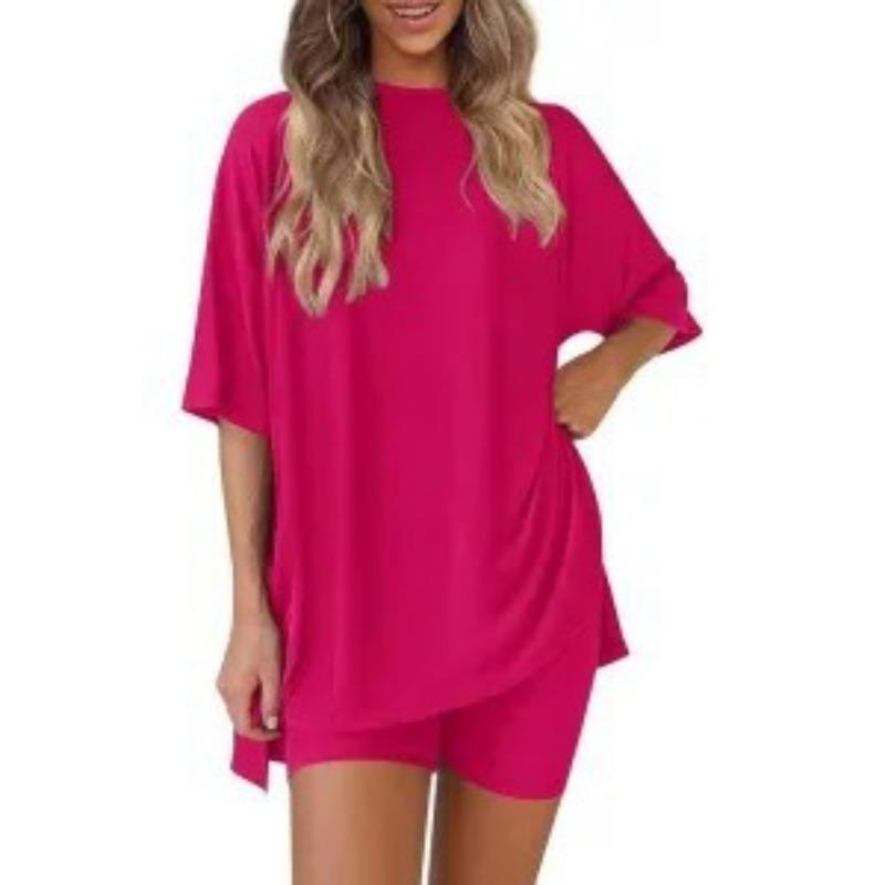 Women's Crew Neck Half Sleeve Oversized T Shirt Biker Shorts Loungewear Two Piece Pajama Set Casual Solid Outfit