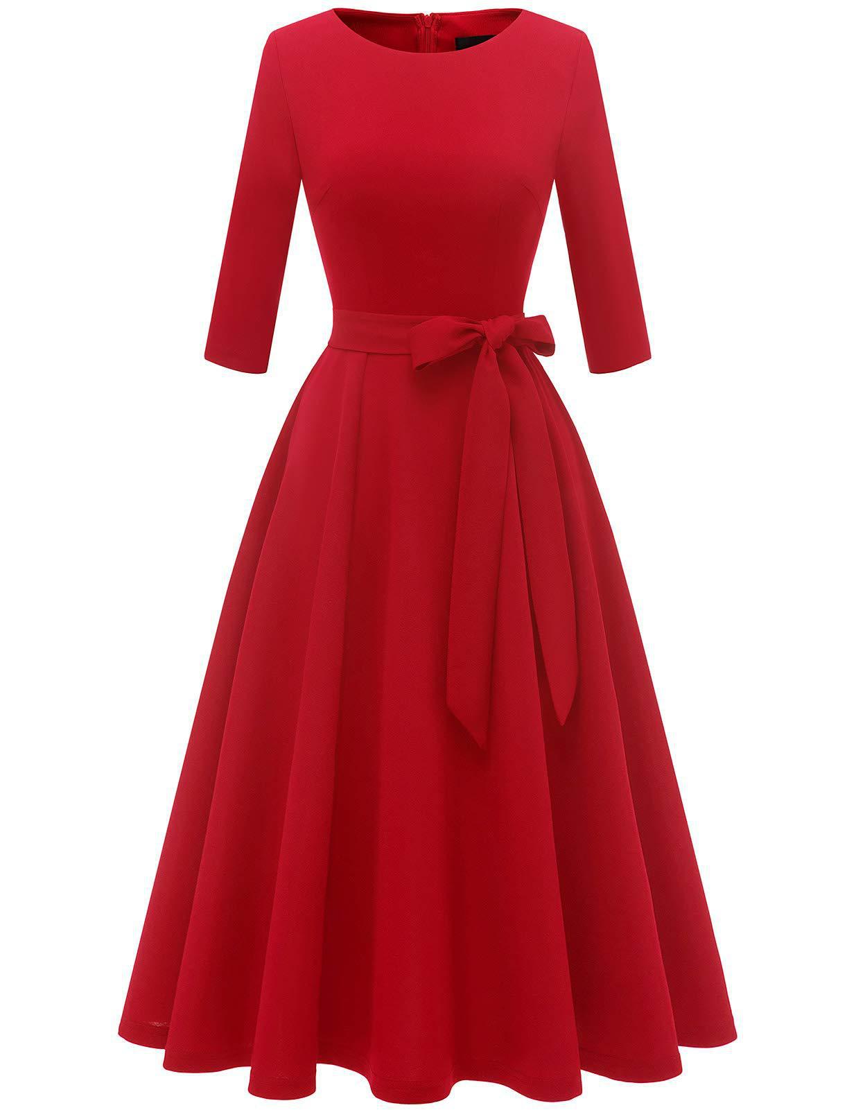 

Retro Collared Three-Quarter Sleeve Women s Evening Gown with Wide Hem L червоний