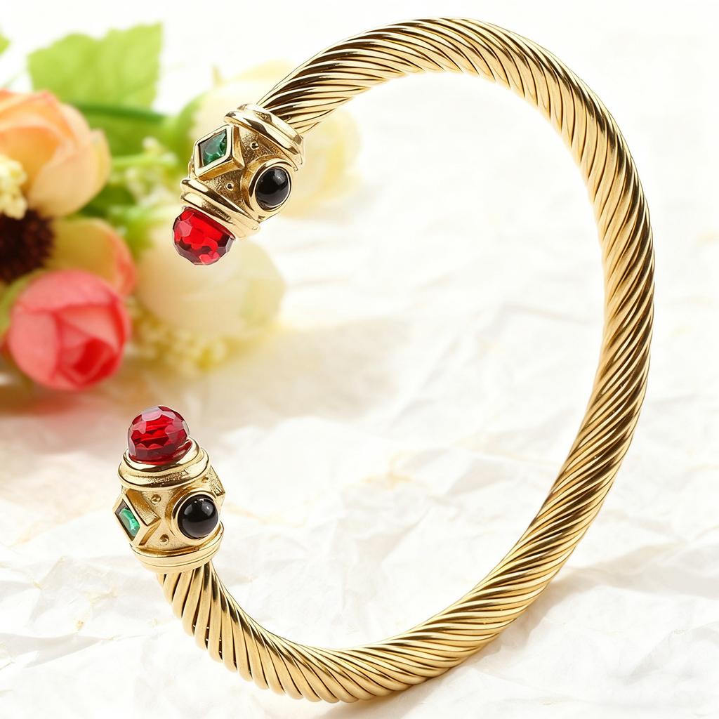 2026 Fashion European and American Steel Wire Bracelet Women's Geometric Niche Inlaid with Colored Diamonds Opening Does Not Fade 18k Gold Bracelet