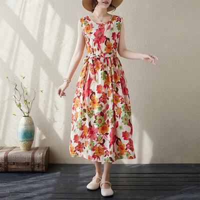 Vestido de Algodão e Linho Retrô Literário Primavera e Verão Feminino Sem Mangas Comprimento Médio Algodão e Linho Leve