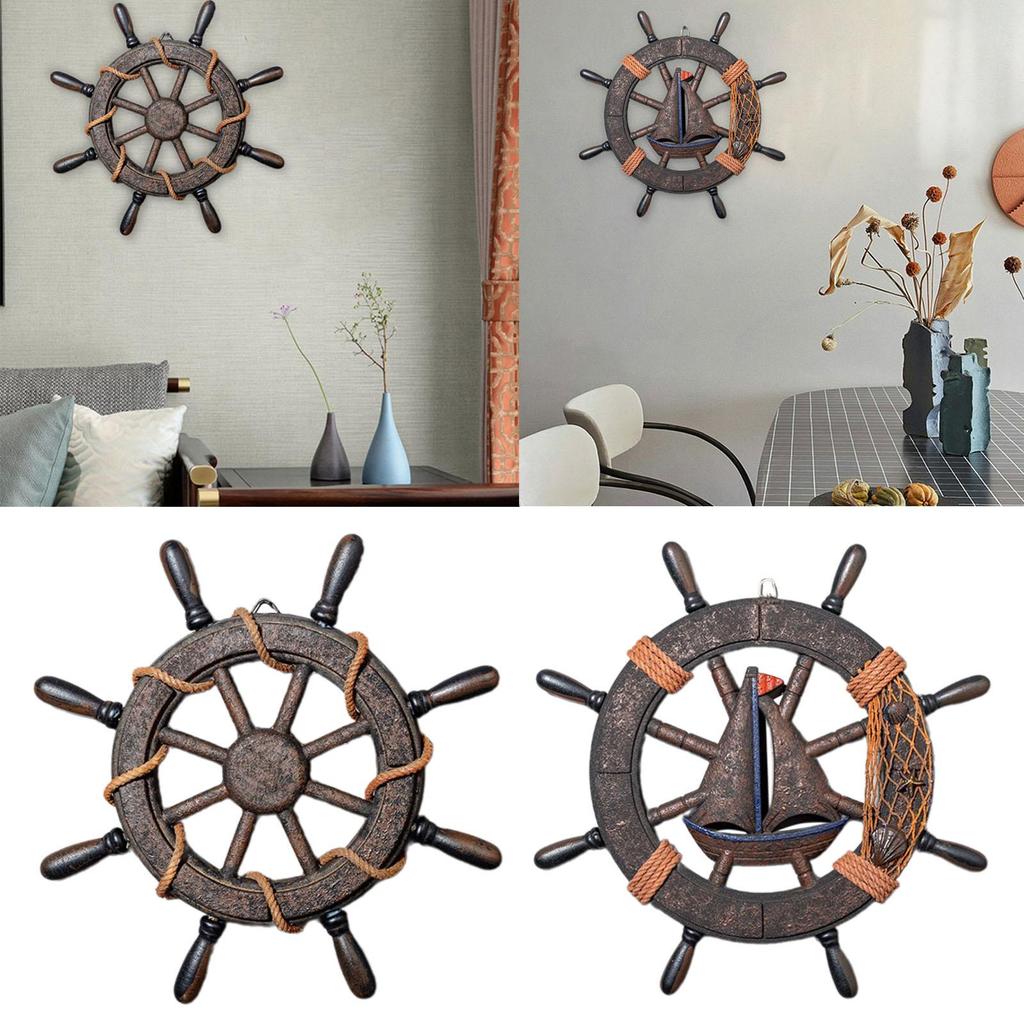 Wall Art Decor Nautical Wheel Wall Sculpture Wooden Ship Steering Wheel Boat Rudder for Club Living Room Bar Fireplace Farmhouse