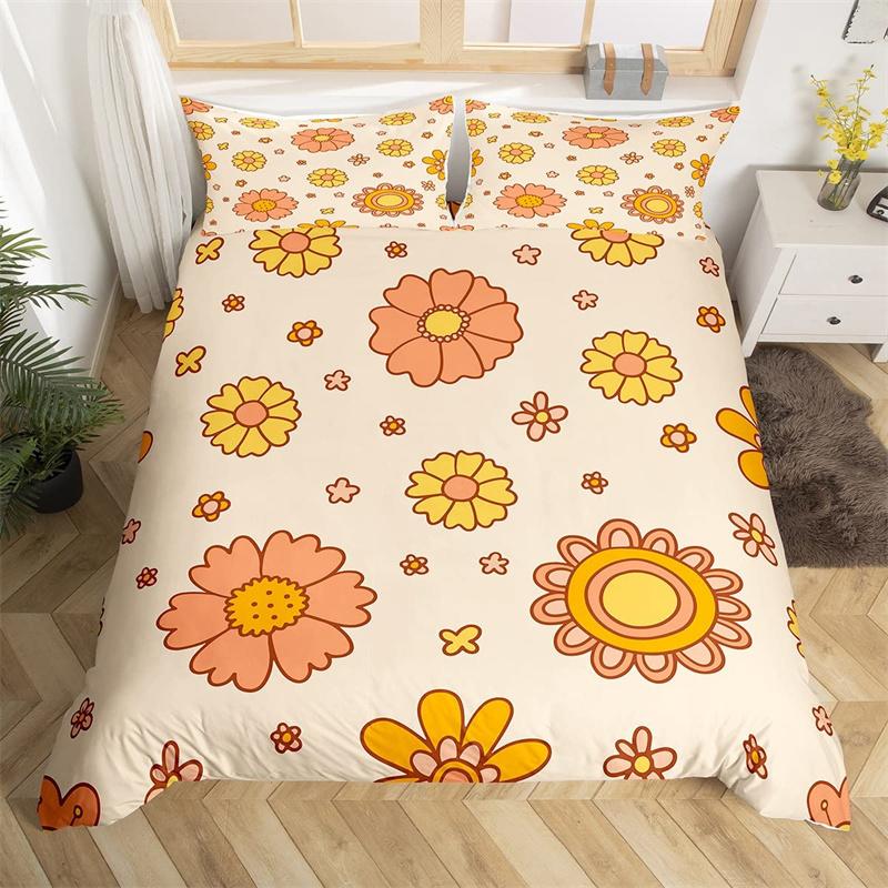 Retro Hippie Flower Duvet Cover Rainbow Floral Bedding Set Polyester Cartoon Ghost Comforter Cover Set 60S 70S Groovy Bedclothes