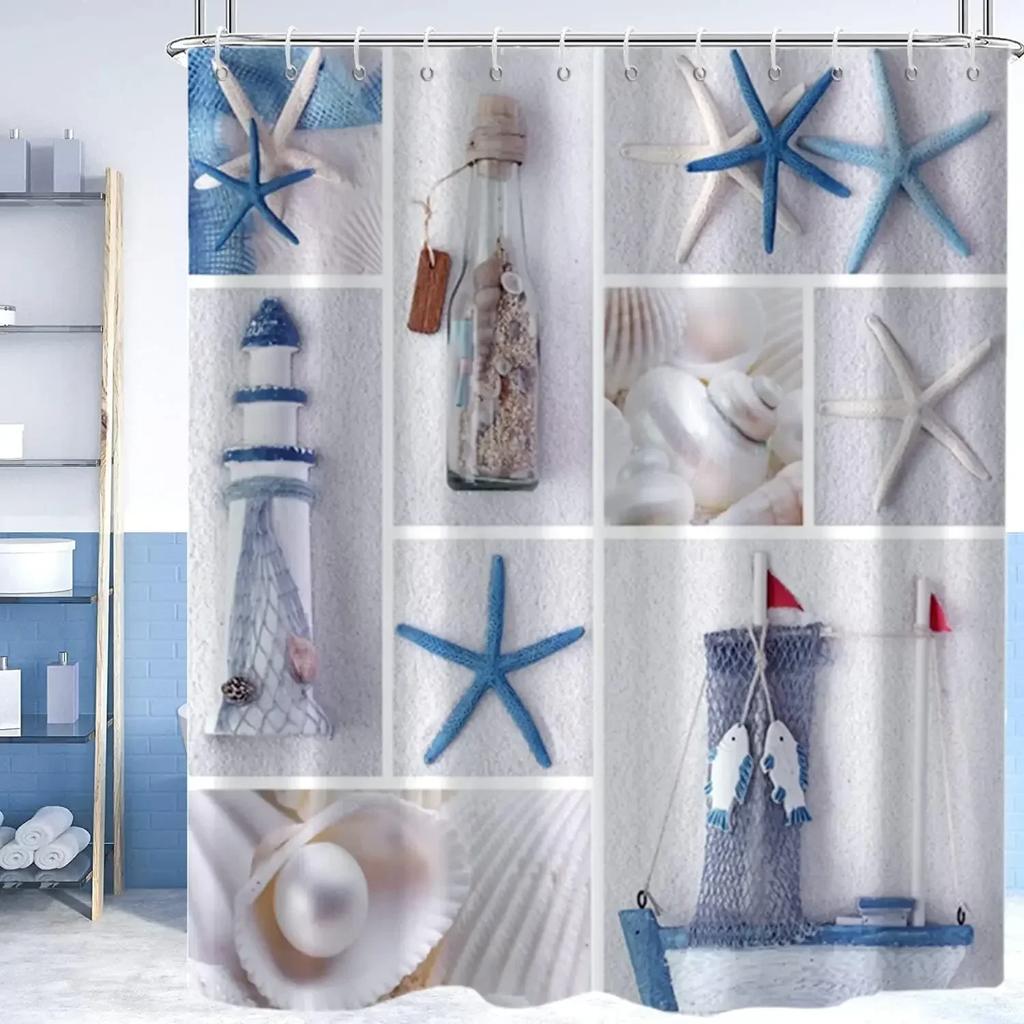 Nautischer Leuchtturm Duschvorhang, Strand Muschel Seestern Wasserdichtes Gewebe Maschinenwaschbar für Badezimmer Badewannen Dekor