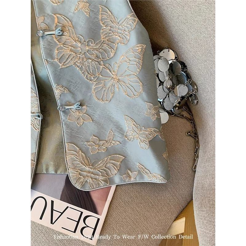 2025 New High-end Temperament Blue Butterfly Embroidered Vest Women's Disc Buckle Sleeveless Vest