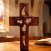 Hand-Carved Intertwined Hearts Cross Wall Decoration Rustic Wooden Double Hearts Cross Wall Sculpture Religious Decor