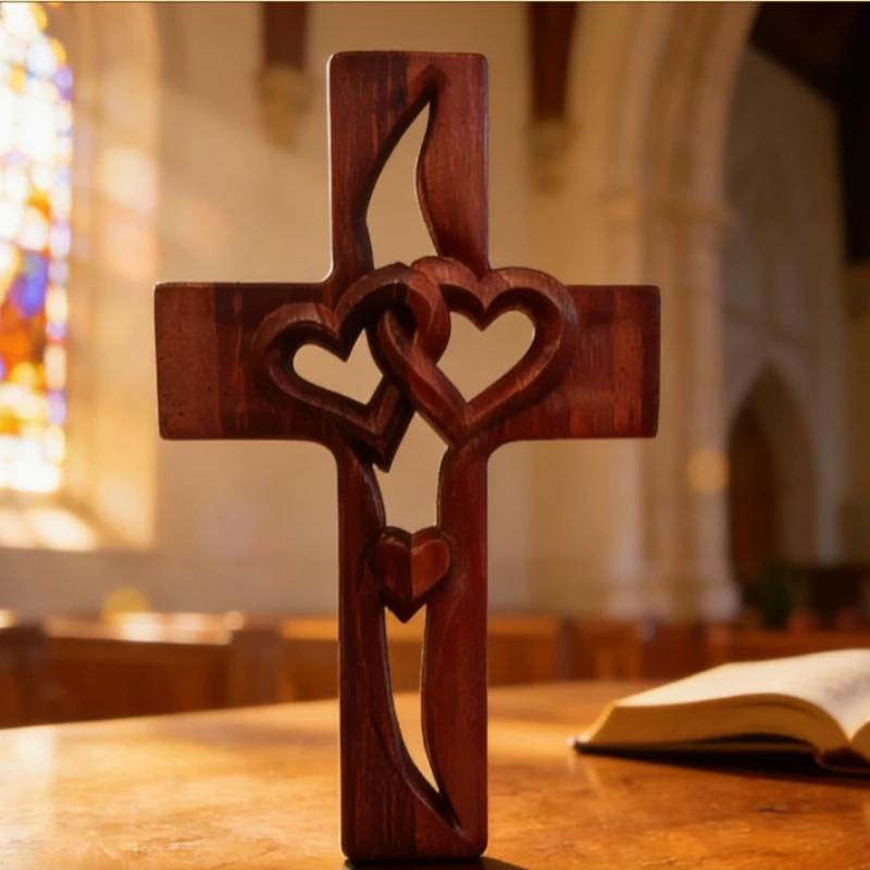 Hand-Carved Intertwined Hearts Cross Wall Decoration Rustic Wooden Double Hearts Cross Wall Sculpture Religious Decor