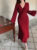 Elegant Women's V-Neck Midi Dress with French Lace Trim and Flared Sleeves for Autumn/Winter