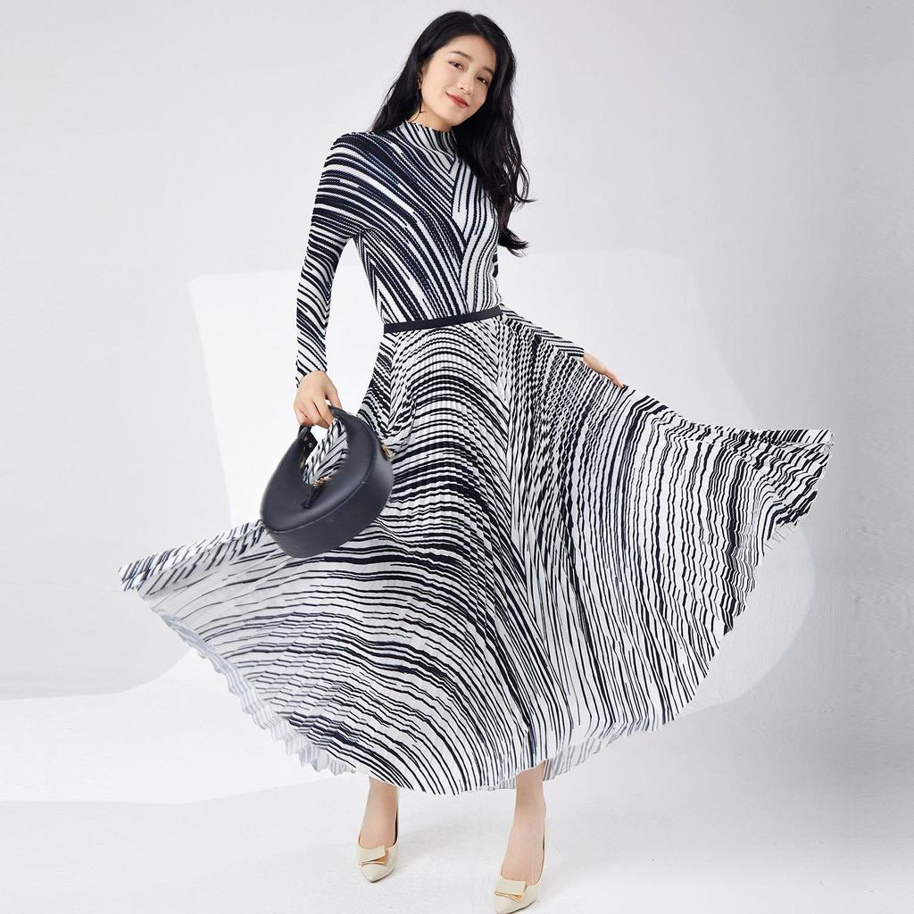 Pleated Skirt & Striped Long-Sleeve Top Two-Piece Set for Women - Spring Collection