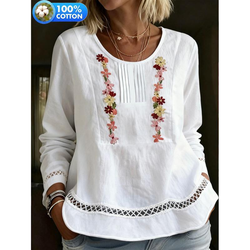 2025 Women's Long Sleeve Lace Patchwork Casual Shirt - Elegant Solid Color