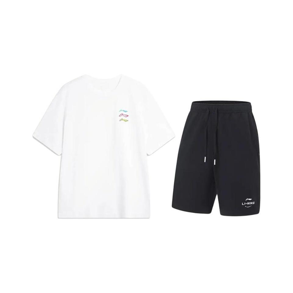 Li Ning Logo Print Round Neck Pullover Short Sleeve T-Shirt Simple Fashion Comfortable Shorts Casual Sports Set Unisex Set YHSV371-2+AKST543-3
